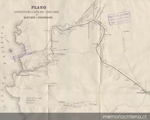 Plano topográfico de la línea del ferrocarril de Santiago a Valparaíso