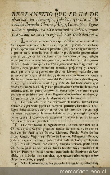 Reglamento que se ha de observar en el manejo, fabrica, y venta de la vevida llamada chicha, mingi, guarapo, aguadulce ó qualquiera otra semejante : cobro y administracion de sus correspondientes contribuciones