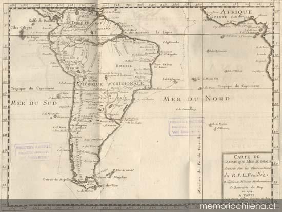 Carte de l'Amerique meridionale, dressee sur les observations du R.P.L. Feuiller ...