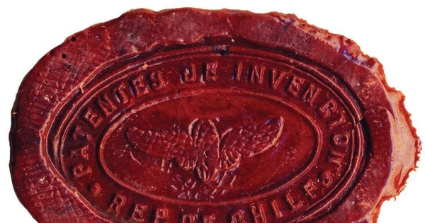 Sello distintivo utilizado para el registro de patentes de invención por la Sección de Privilegios Exclusivos del Ministerio de Industria y Obras Públicas, 1909.