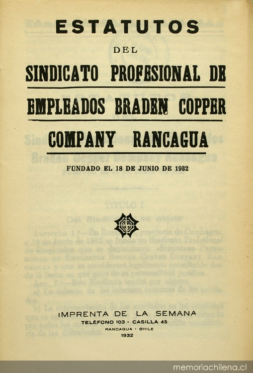 Estatutos del Sindicato Profesional de Empleados Braden Copper Company