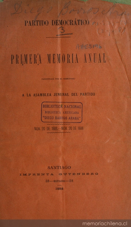 Partido Democrático: primera memoria anual presentada por el directorio a la Asamblea Jeneral del Partido