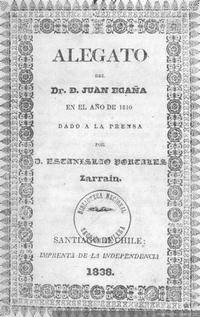 Portada de Alegato del Dr. D. Juan Egaña en el año de 1810 dado a la prensa por D. Estanislao Portales Larrain