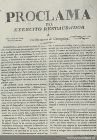 Proclama del Exército restaurador a sus hermanos de Concepción. Soldados que gemis baxo las banderas del tirano ... .