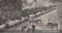 División Camus. Regimiento Buin no.1 embarcándose en un tren del ferrocarril trasandino para dirigirse a Los Andes, mayo de 1891.