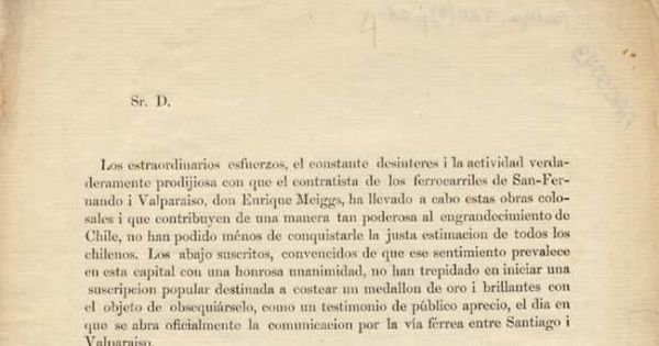 Homenaje de intelectuales chilenos a Henry Meiggs, ca. 1863