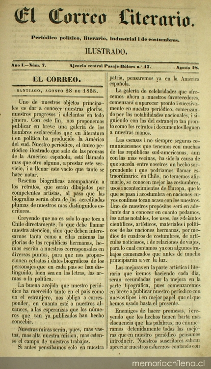 El correo literario: año 1, nº 7, 28 de agosto de 1858