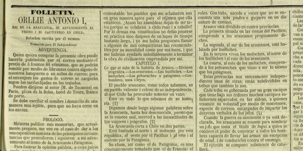 Orllie Antonio I, rey de la Araucanía: su advenimiento al trono i su cautiverio en Chile, relación escrita por él mismo