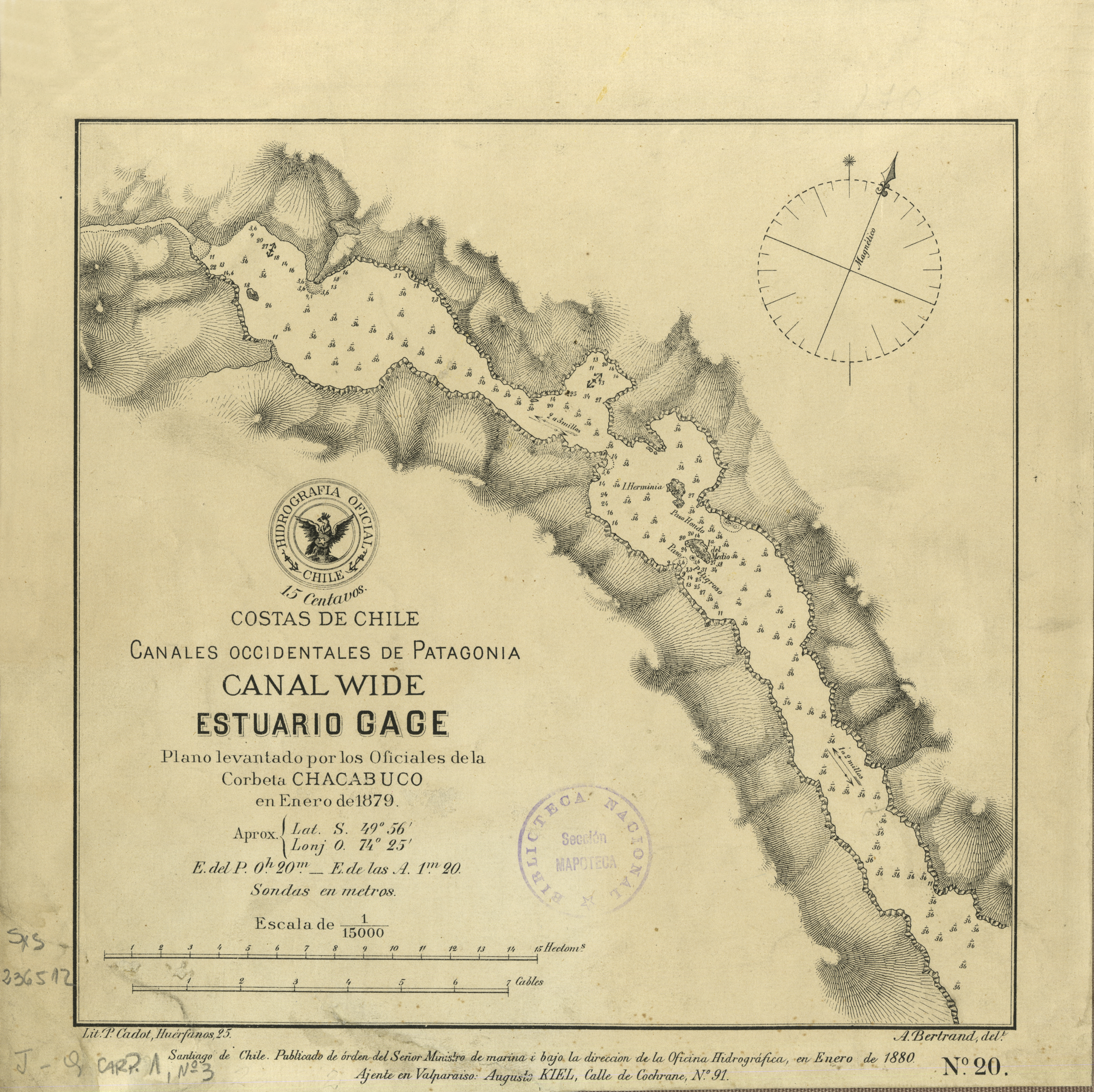 Canal Wide. Estuario Gage [mapa] : Costas de Chile : Canales occidentales de Patagonia, plano levantado por los Oficiales de la Corbeta Chacabuco