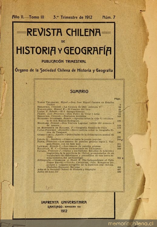 Revista chilena de historia y geografía: año II, tomo III n° 7, 1912