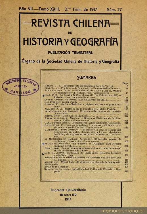 Revista chilena de historia y geografía: año VII, tomo XXIII, n° 27, 1917