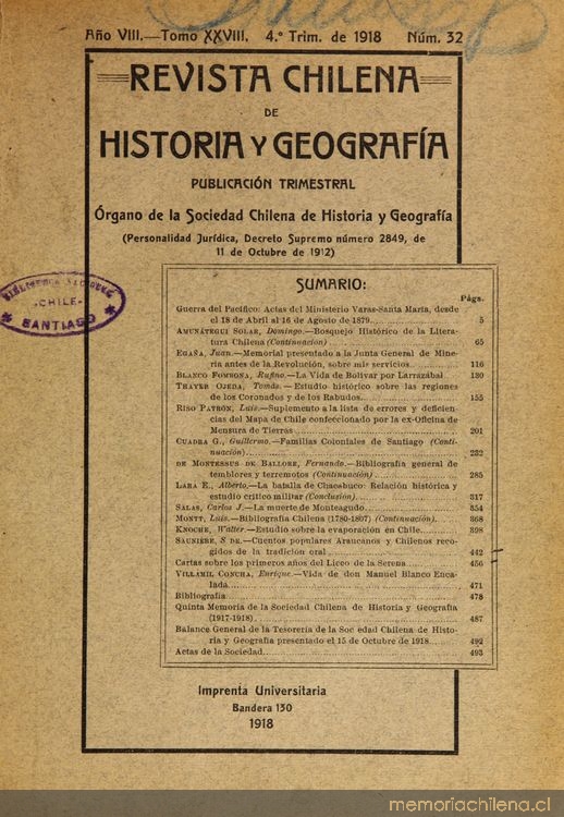 Revista chilena de historia y geografía: año VIII, tomo XXVIII, n° 32, 1918