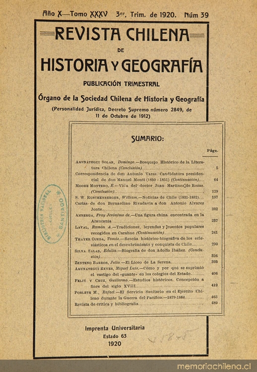 Revista chilena de historia y geografía: año X, tomo XXXV, n° 39, 1920