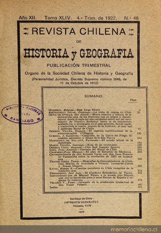 Revista chilena de historia y geografía: año XII, tomo XLIV, n° 48, 1922