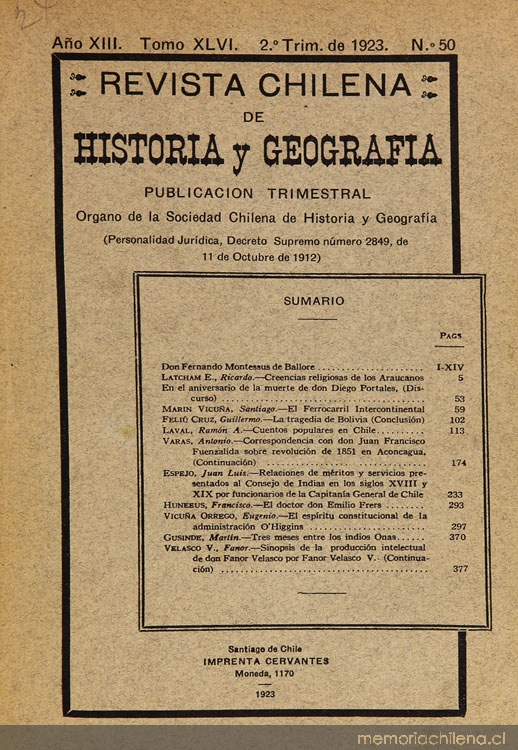 Revista chilena de historia y geografía: año XIII, tomo XLVI, n° 50, 1923