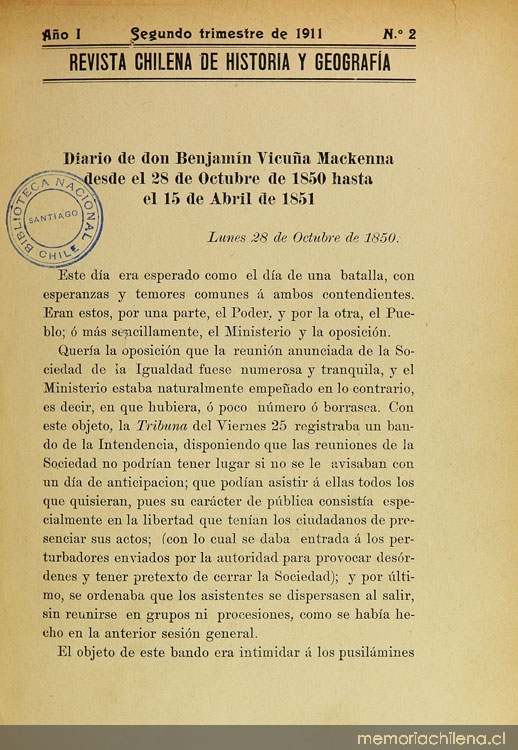 Revista Chilena de Historia y Geografía: Año I, Nº 2, 3 y 4, 1911.