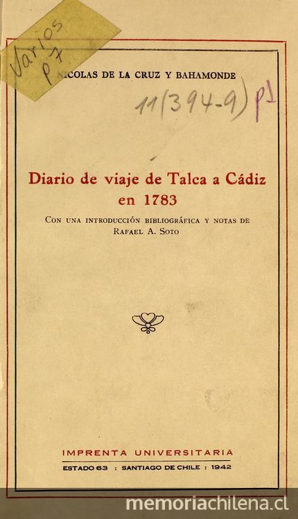 Diario de viaje de Talca a Cádiz en 1783