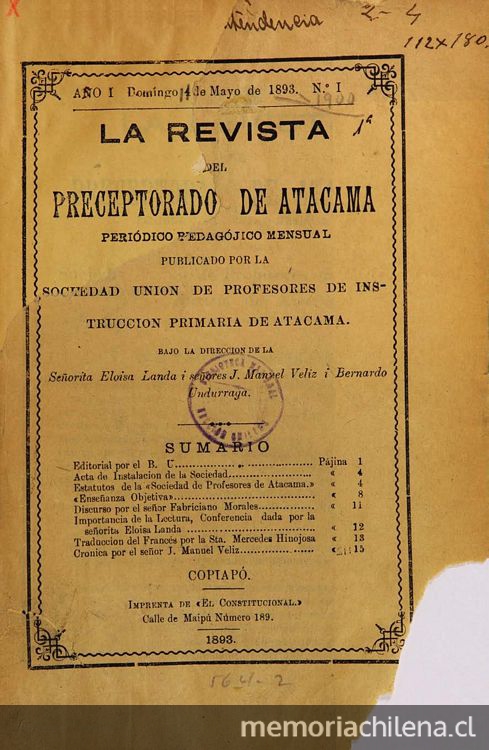 La Revista del preceptorado de Atacama: año 1-6, n° 1-7, 11 de mayo de 1893 a marzo-abril de 1990