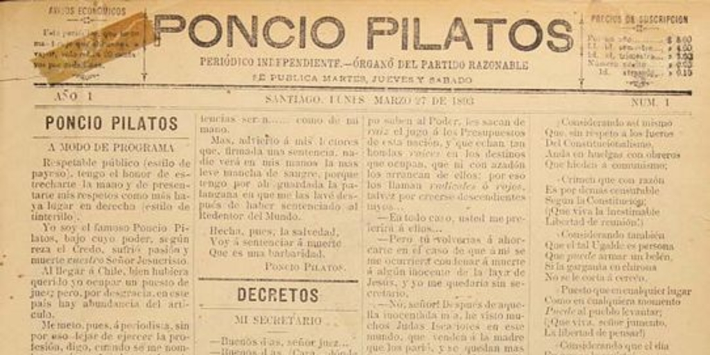 Poncio Pilatos: año 1, n° 1-161, 27 de marzo de 1893 a 28 de julio de 1894