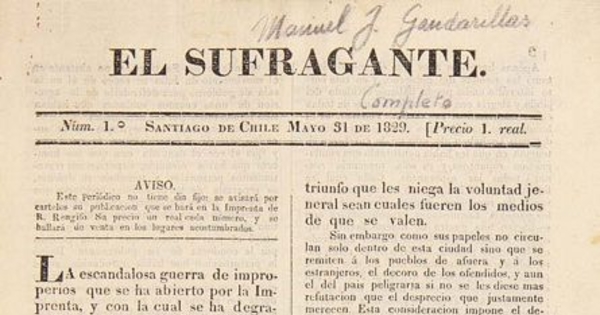 El Sufragante: n° 1-13, 31 de mayo de 1829 a 29 de abril de 1930