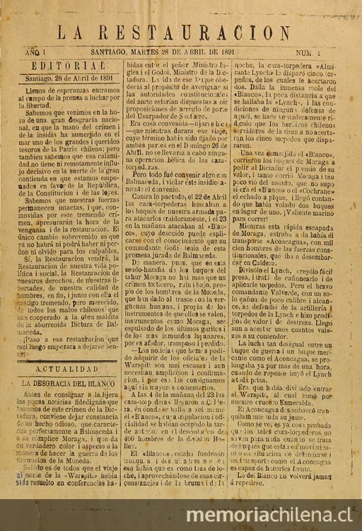 La Restauración: año 1, n° 1-20, 28 de abril a 23 de mayo de 1891