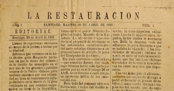 La Restauración: año 1, n° 1-20, 28 de abril a 23 de mayo de 1891