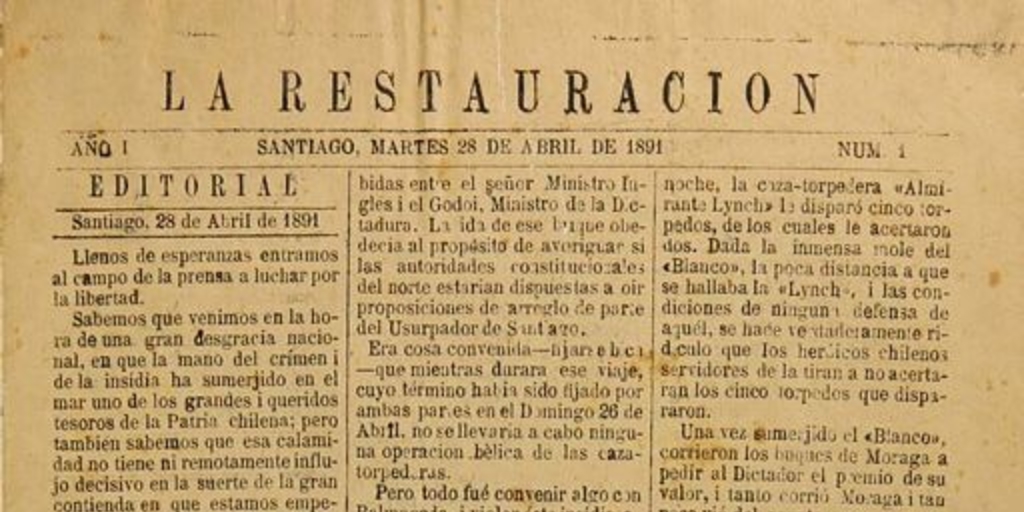 La Restauración: año 1, n° 1-20, 28 de abril a 23 de mayo de 1891