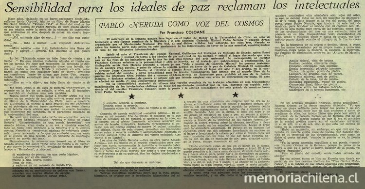 Sensibilidad para los ideales de paz reclaman los intelectuales: Pablo Neruda como voz del cosmos