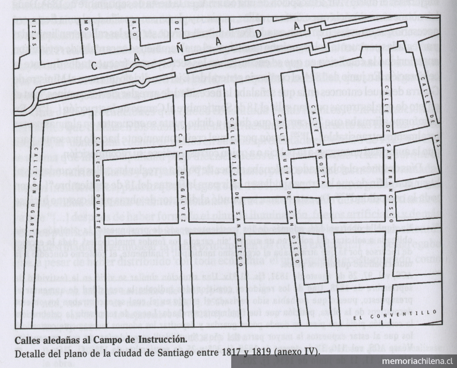 Calles aledañas al campo de instrucción, Santiago de Chile, 1817-1819