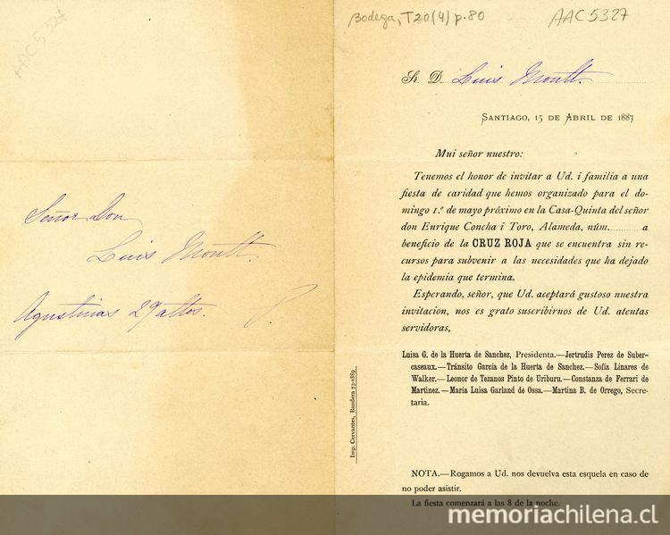 Mui señor nuestro. Tenemos el honor de invitar a Ud. i familia a una fiesta de caridad ... 15 de abril de 1887