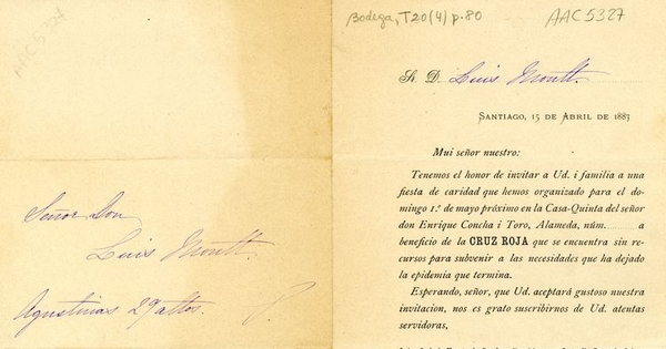 Mui señor nuestro. Tenemos el honor de invitar a Ud. i familia a una fiesta de caridad ... 15 de abril de 1887