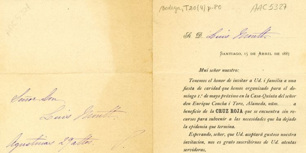 Mui señor nuestro. Tenemos el honor de invitar a Ud. i familia a una fiesta de caridad ... 15 de abril de 1887