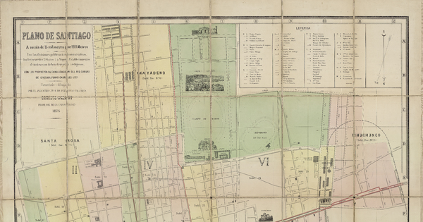 Plano de Santiago, con las divisiones politicas y administrativas, los ferrocarriles Urbanos i a Vapor. Establecimientos de instrucción de beneficencia i religiosos. Con los proyectos de canalización del Río, Camino de Cintura, Ferrocarriles, etc.