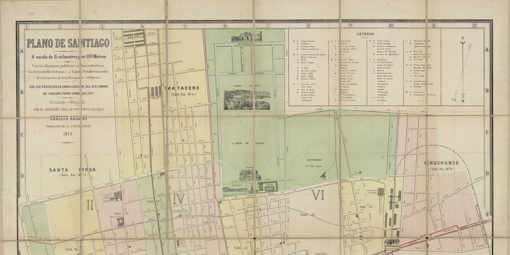 Plano de Santiago, con las divisiones politicas y administrativas, los ferrocarriles Urbanos i a Vapor. Establecimientos de instrucción de beneficencia i religiosos. Con los proyectos de canalización del Río, Camino de Cintura, Ferrocarriles, etc.