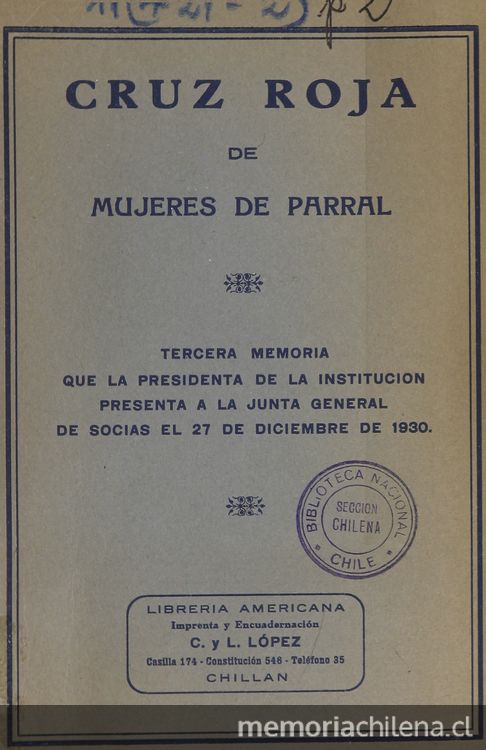 Tercera Memoria que la Presidenta de la Institución presenta a la Junta General de socias el 27 de diciembre de 1930