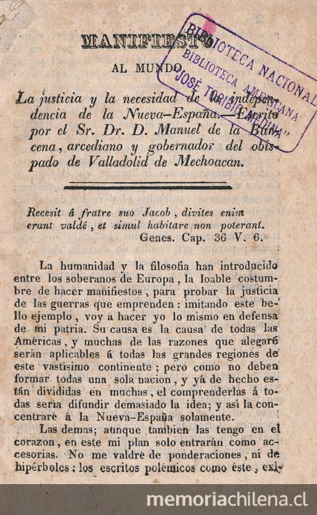 Manifiesto al mundo : la justicia y la necesidad de independencia de la Nueva España