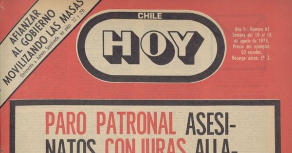 Portada Chile hoy, año 2, número 61, agosto 1973