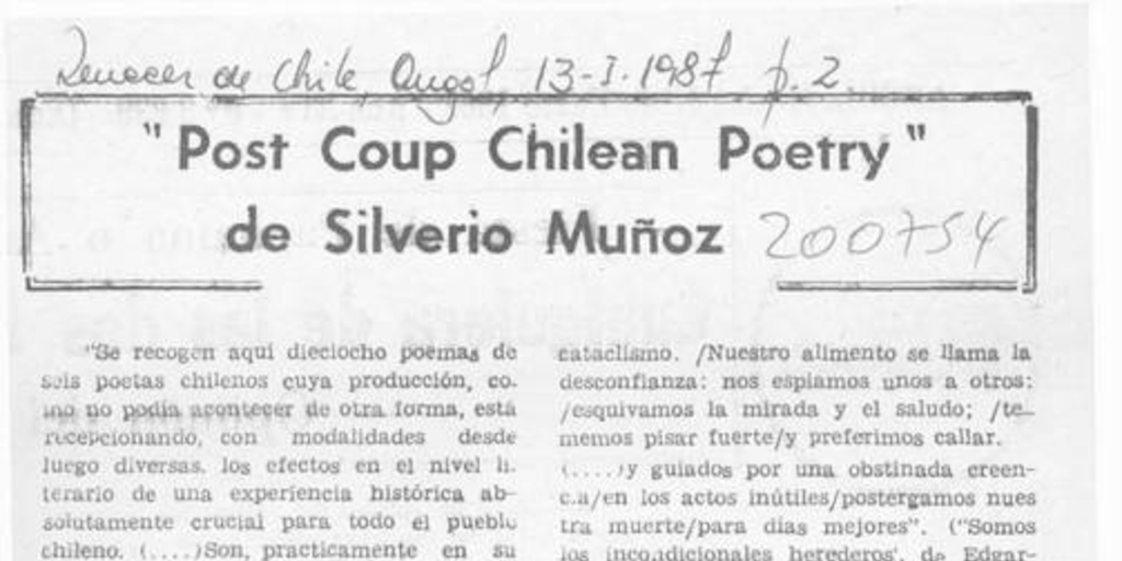 "Post Coup Chilean Poetry" de Silverio Muñoz