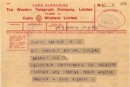 [Telegrama] 1945 nov. 17, New York [a] Gabriela Mistral, Río de Janeiro [manuscrito] / Ciro Alegría.