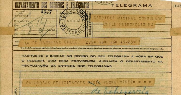 [Telegrama] 1945 nov. 17, Santiago [a] Gabriela Mistral, Petrópolis[manuscrito] /María Flora Yáñez.