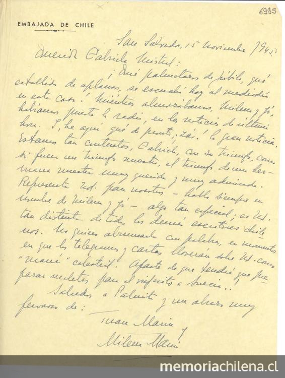 [Carta] 1945 nov. 15, San Salvador [a] Gabriela Mistral[manuscrito] /Juan Marín.