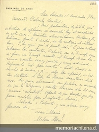 [Carta] 1945 nov. 15, San Salvador [a] Gabriela Mistral[manuscrito] /Juan Marín.