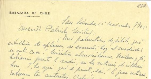 [Carta] 1945 nov. 15, San Salvador [a] Gabriela Mistral[manuscrito] /Juan Marín.
