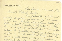 [Carta] 1945 nov. 15, San Salvador [a] Gabriela Mistral[manuscrito] /Juan Marín.