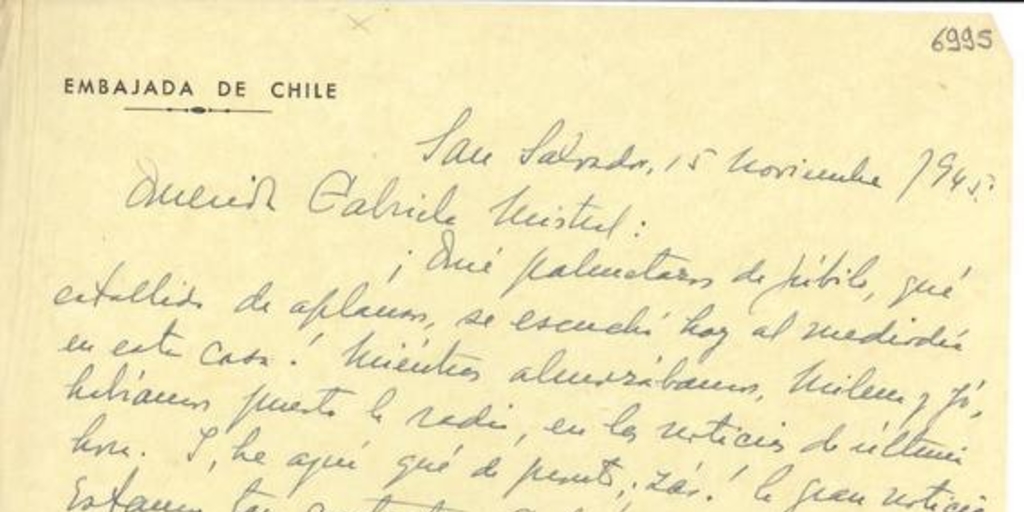 [Carta] 1945 nov. 15, San Salvador [a] Gabriela Mistral[manuscrito] /Juan Marín.