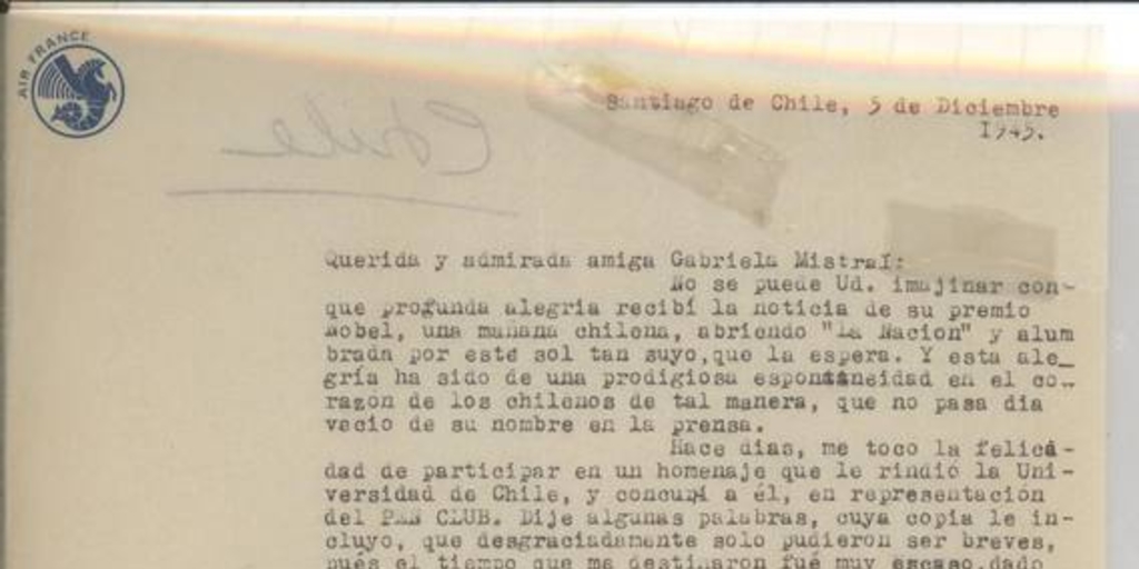 [Carta] 1945 dic. 5, Santiago, Chile [a] Gabriela Mistral[manuscrito] /Chela Reyes.