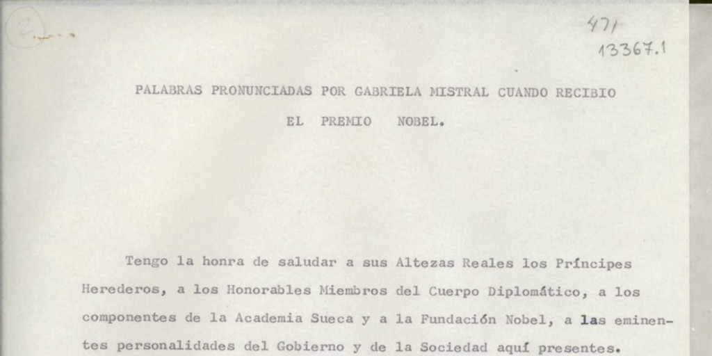 Palabras pronunciadas por Gabriela Mistral cuando recibió el Premio Nobel[manuscrito] /[Gabriela Mistral].