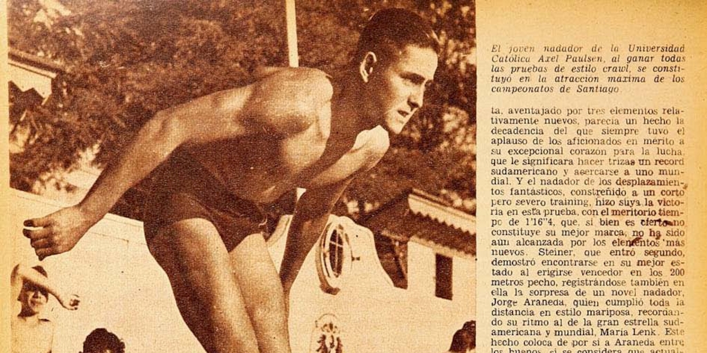 Axel Paulsen, gran figura de los Campeonatos de Natación" Jumoto (seudónimo) Estadio. Santiago : [s.n.], 1941-1982, nº 90, (2 feb. 1945), p.