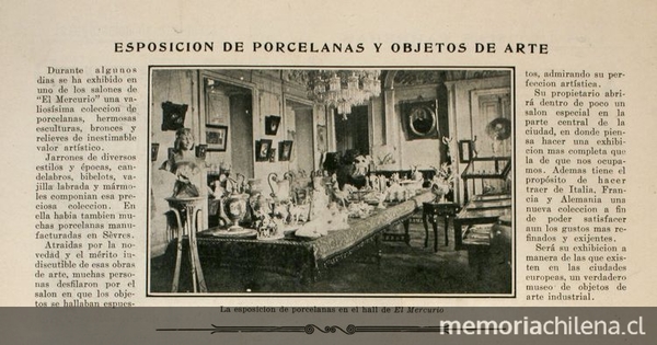 "Exposición de porcelanas y objetos de arte", Zig-Zag, Santiago, n.120, 9 de junio de 1907.
