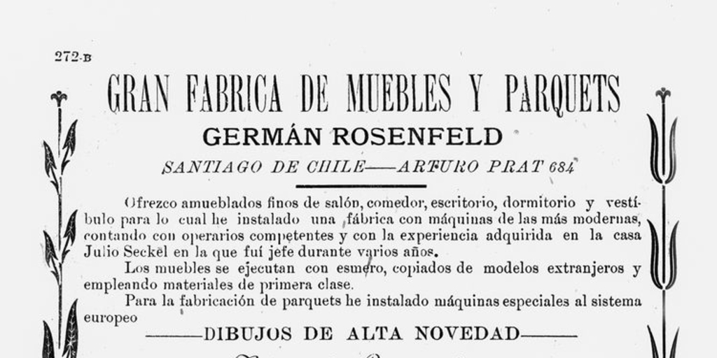 Aviso "Gran fábrica de muebles y parquets Germán Rosenfeld", Anuario Prado Martínez, 1904-1905, p.272B